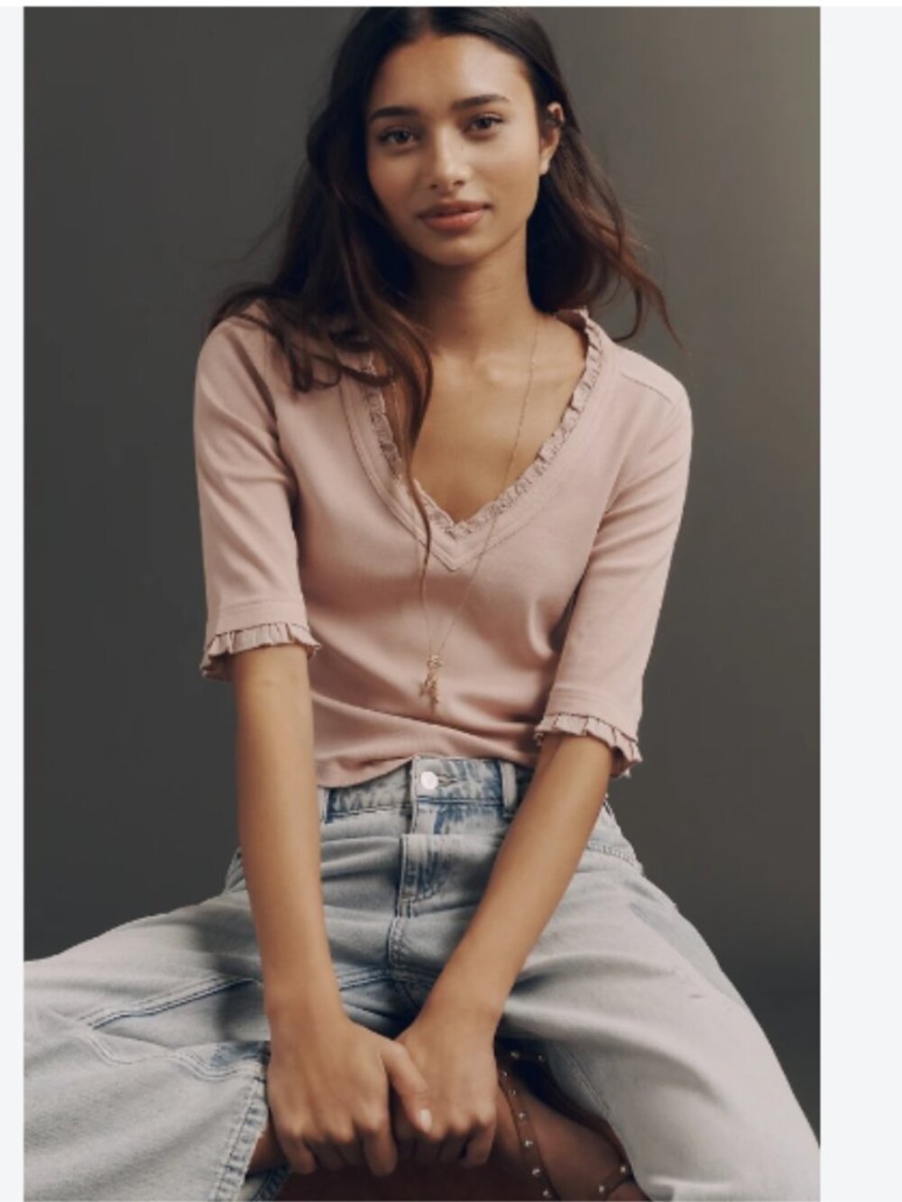 Pilcro Ruffled V-Neck Half-Sleeve Tee in Rose Smoke - Size Small - NWT
